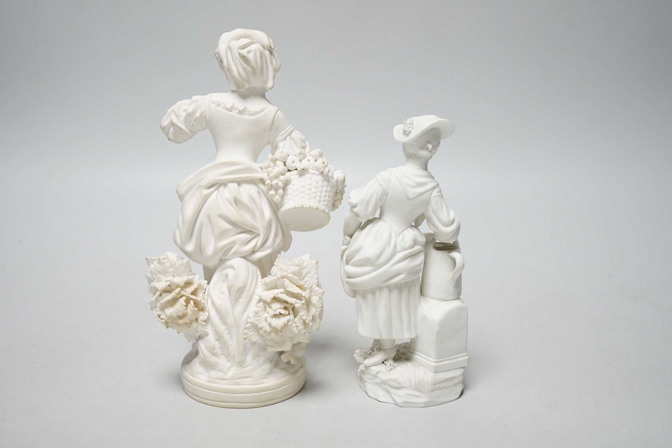 An 18th century Derby biscuit figure of a woman representing Autumn, 16.8cm and a Derby biscuit figure of a woman gardener with a watering can, pattern no.7, 13.3cm.